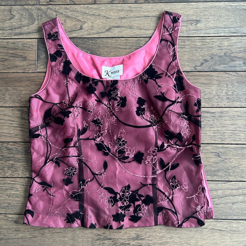 Y2K Mesh Pink and Black Floral Women's Top